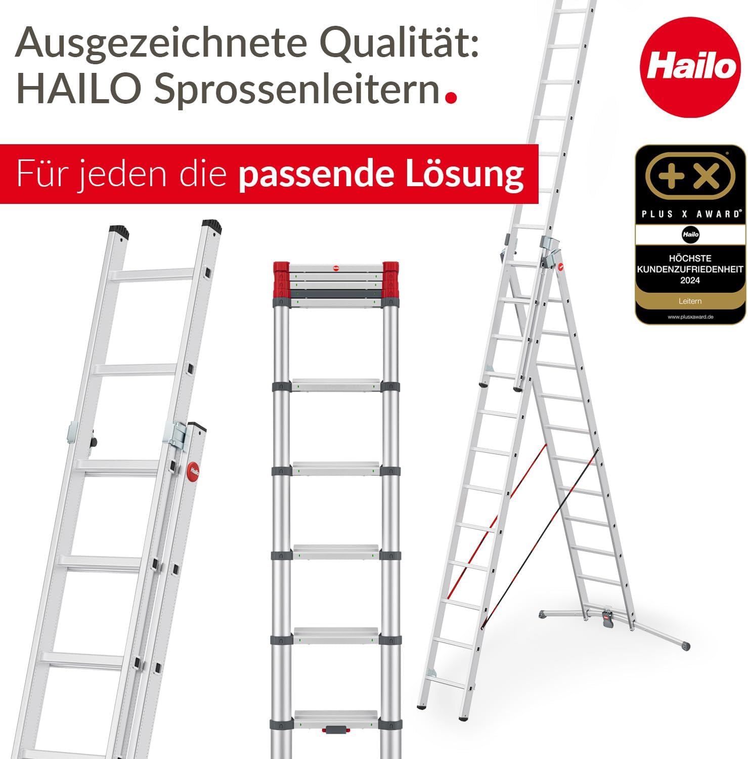 Hailo T80 FlexLine Alu-Sicherheits-Teleskopleiter - ausziehbare Anlegeleiter mit 9 Sprossen - Arbeitshöhe bis 340 cm - Gewicht 8,1 kg - Silber