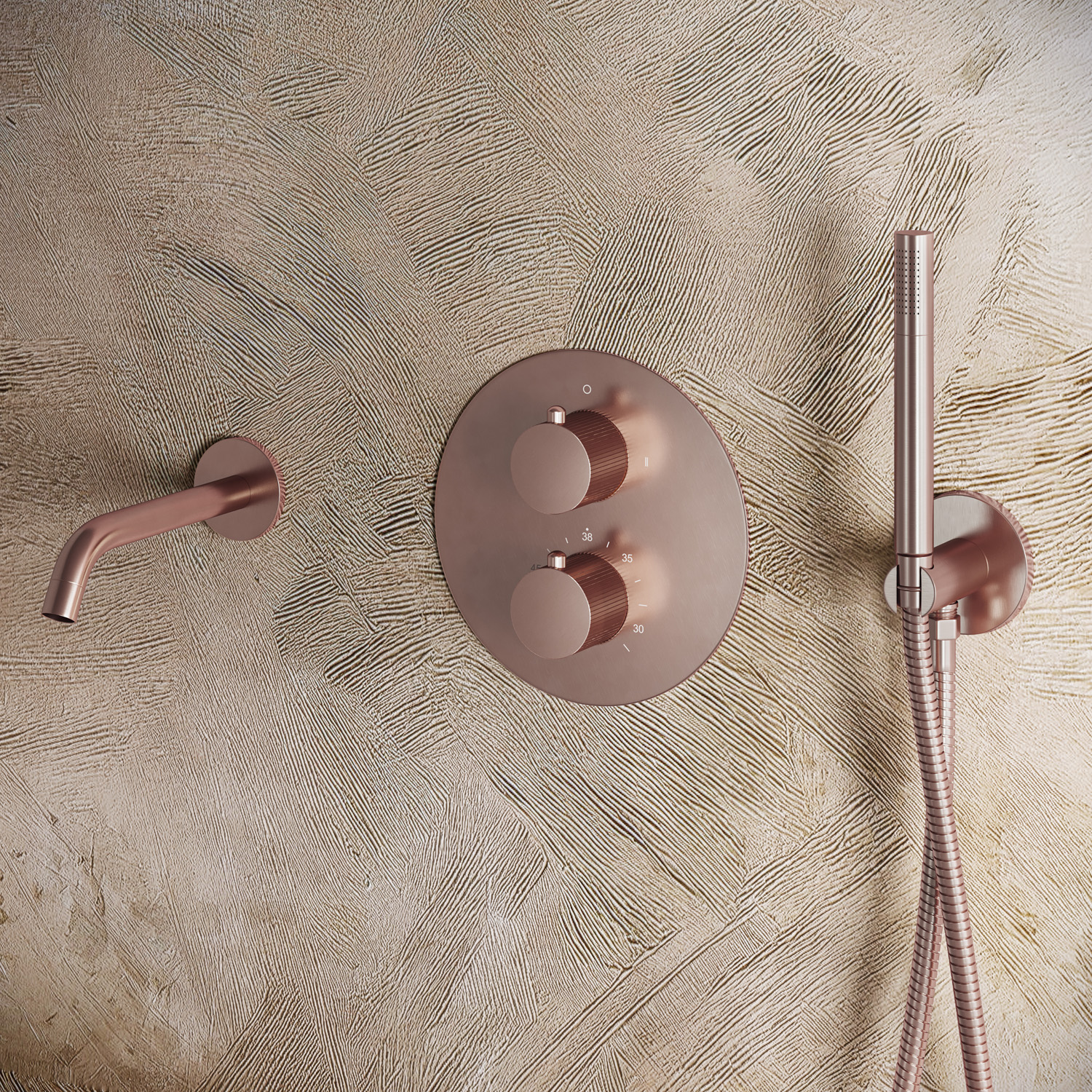 Saniclear Copper Stripes rond inbouw thermostaat met inbouwdeel geborsteld koper