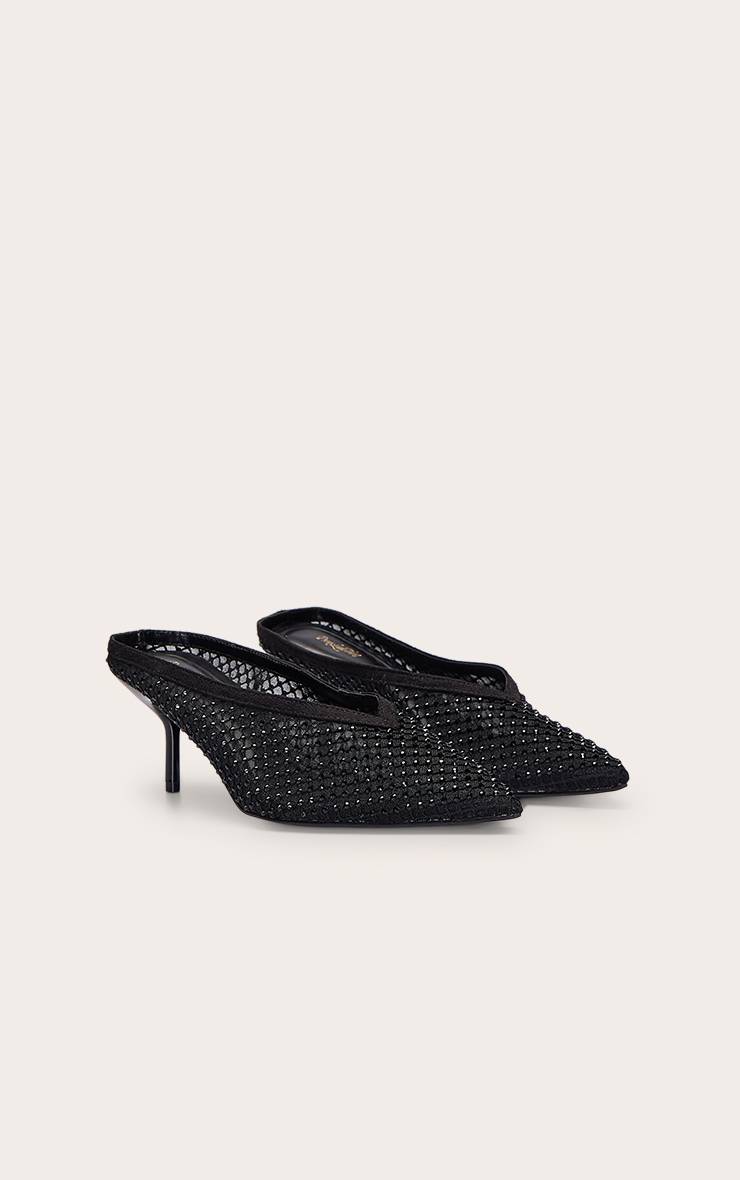 Noir Mules À Talon Avec Maille Ornée De Strass Et Découpe En V