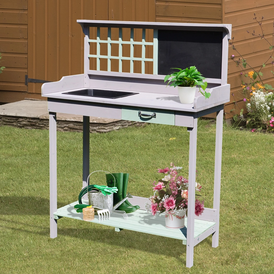 HOMCOM Pflanztisch mit Schublade und Wanne grau, mintgrün