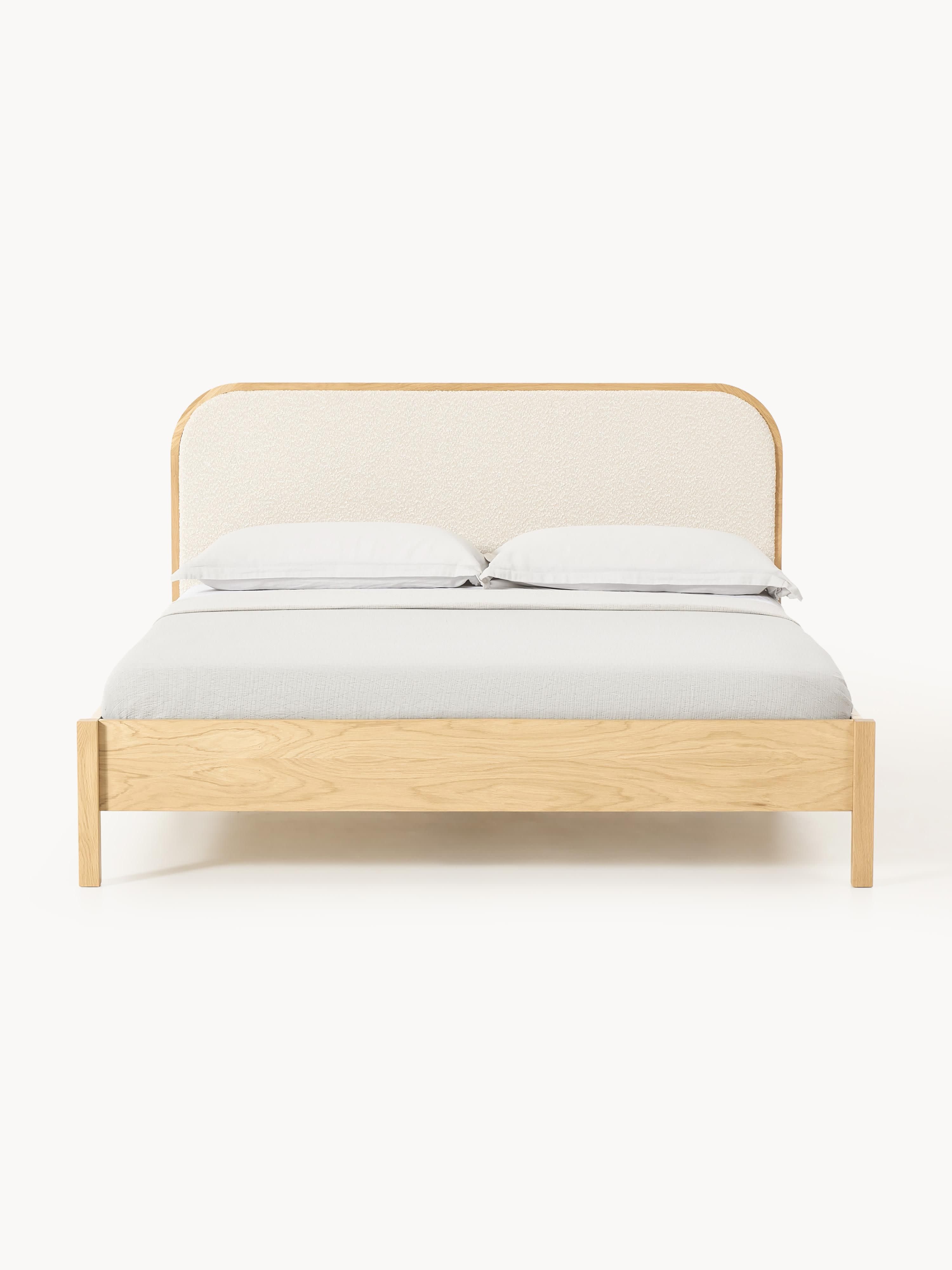 Houten bed Jones met hoofdeinde van bouclé