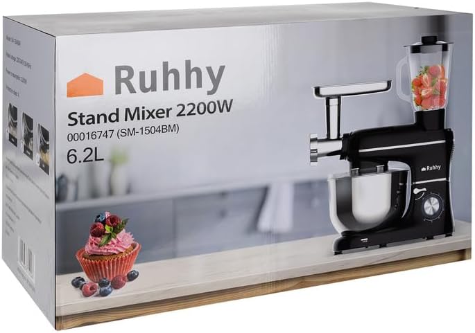 Ruhhy Küchenmaschine Edelstahlschüssel 6,2 l, 2200 W - 6 Geschwindigkeitsstufen + Pulsfunktion Küchengeräte für Kuchen und Brot mit Backzubehör für Hobby- & Profiköche