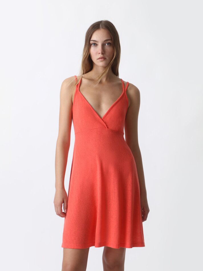Vestido de alças finas com decote cruzado - Vermelho Coral