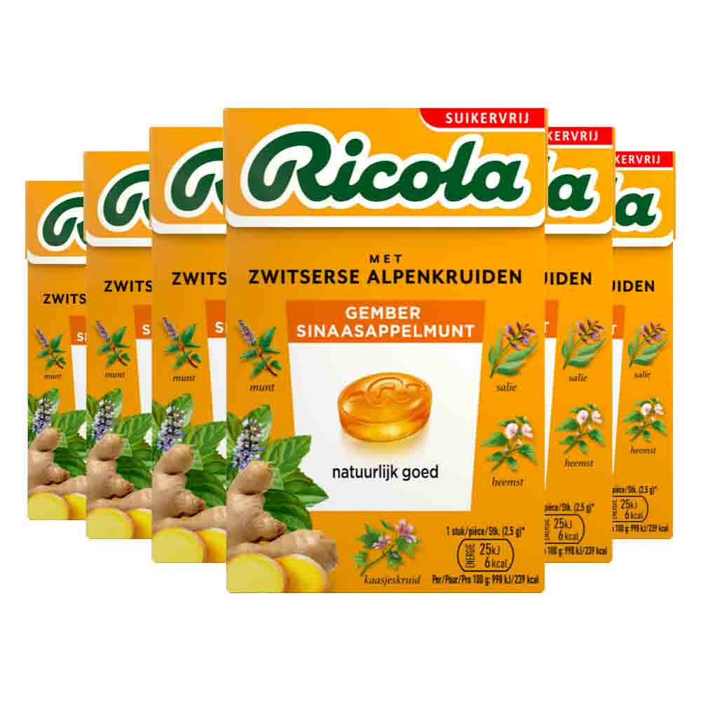 6x Ricola Gember Sinaasappelmunt Suikervrij Doosje50 gr