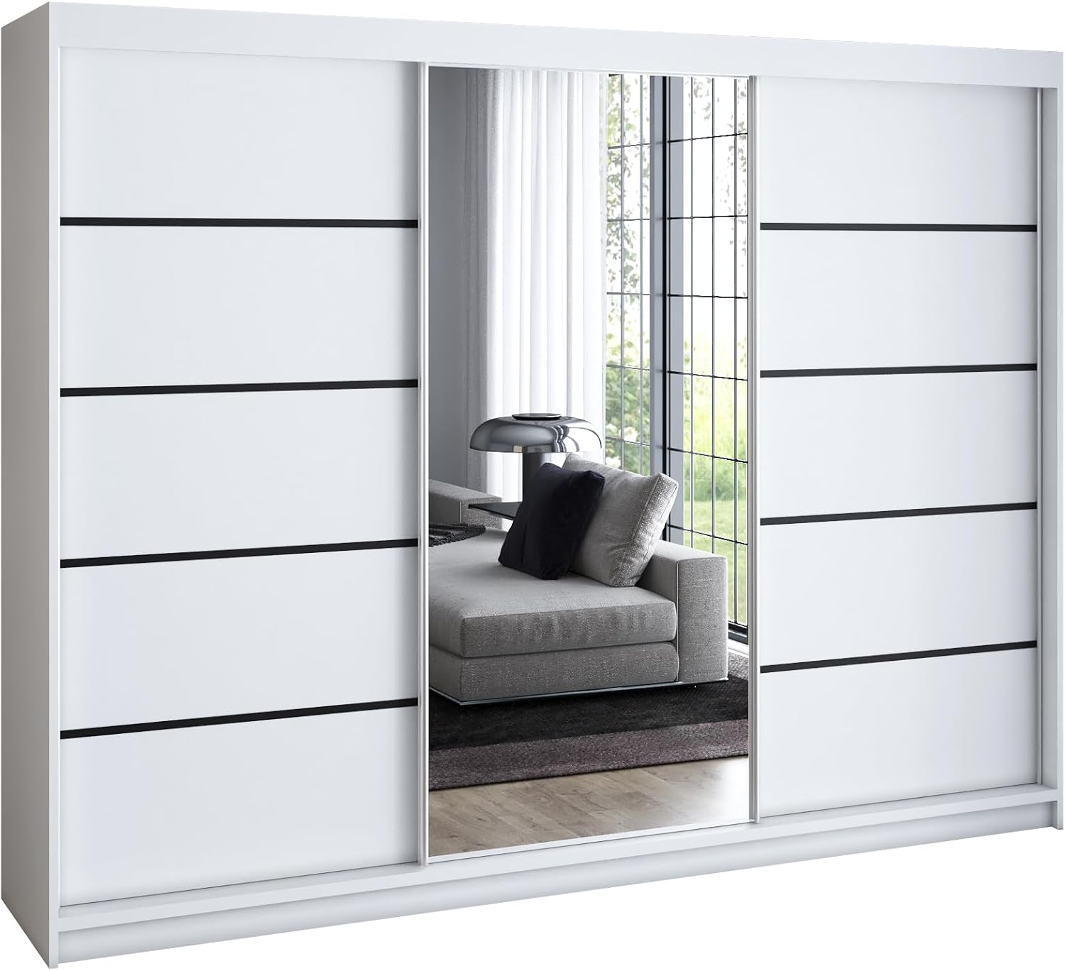 A&J MöbelLand Schwebetürenschrank VILUNO 2 Kleiderschrank 3-türig 200 cm mit Spiegel, 4 Schubladen & 2 Kleiderstangen, Geräumiger Schlafzimmerschrank (Weiß)