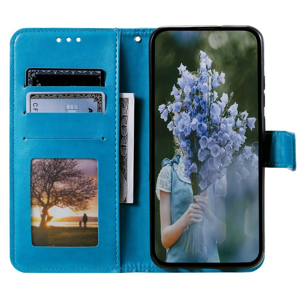 iPhone 14 Pro Leder Tasche Wallet - Mandala Flowers Imprint - Blau