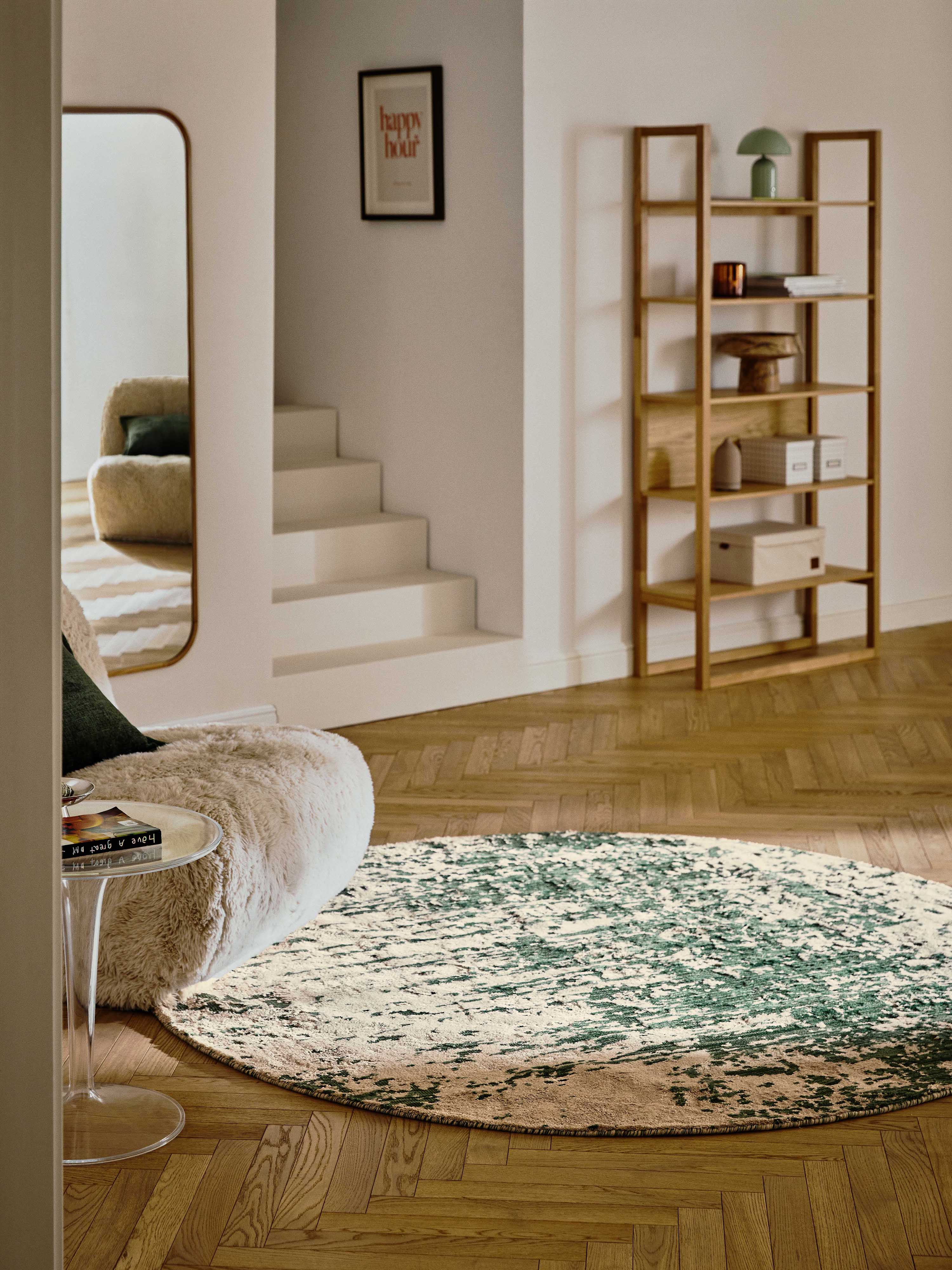 Rond wollen vloerkleed Cynthia met abstract patroon, handgeweven