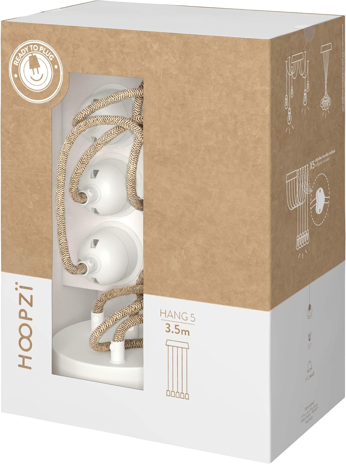 Hoopzi - Pendelleuchte 5 Flamming - 3,5m Textilkabel Seil und Weiß - 5 X E27 Fassung - Vintage, Industrial Für Esstisch, Wohnzimmer, Esszimmer, Zimmer, Schlafzimmer, Küche