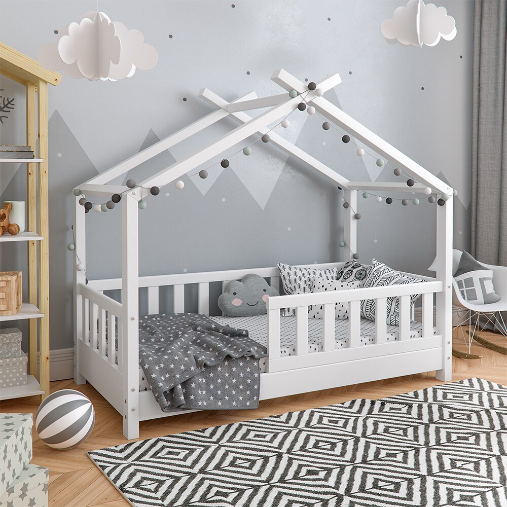 VitaliSpa Kinderbett Hausbett DESIGN 70x140cm Weiß Zaun inkl. Matratze 70x140cm