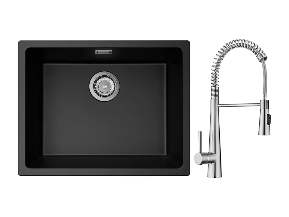 CECIPA MAX Evier 1 Bac en Quartz et Résine Noir Gris 55*44*20cm + Mitigeur de Cuisine à Ressort avec 3 Modes de Sortie D'eau, Brossé