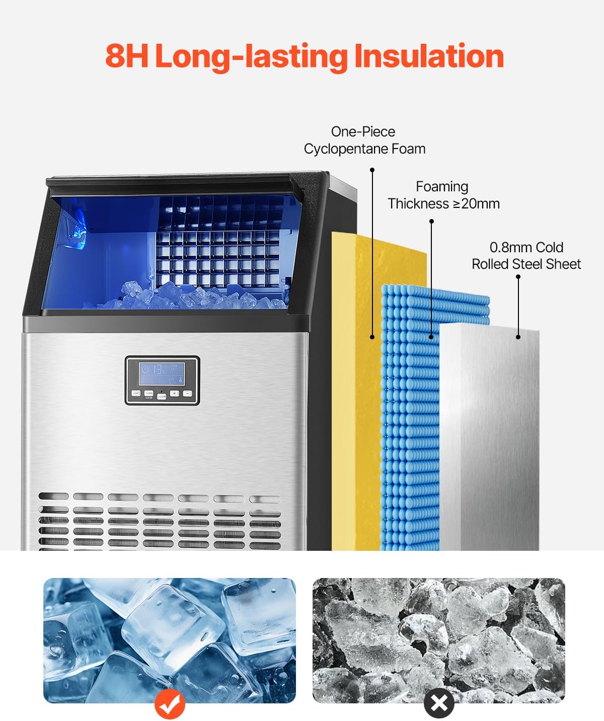 VEVOR kommerzielle Eismaschine (45,36 kg/Tag) Eisbereiter mit 14,97 kg Speicherkapazität, 45 Eiswürfel in 15 Minuten, LED-Digitalanzeige, freistehend, selbstreinigend, für Bar Büro Restaurant