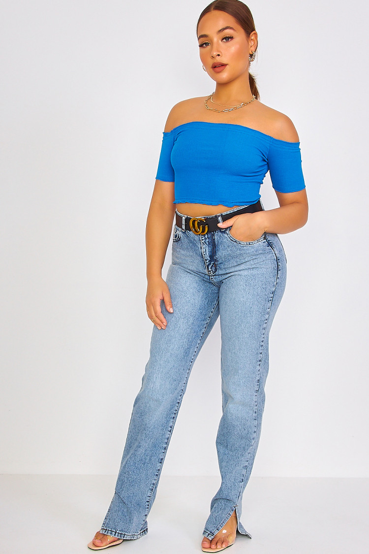 Crop top découpé bleu col bardot