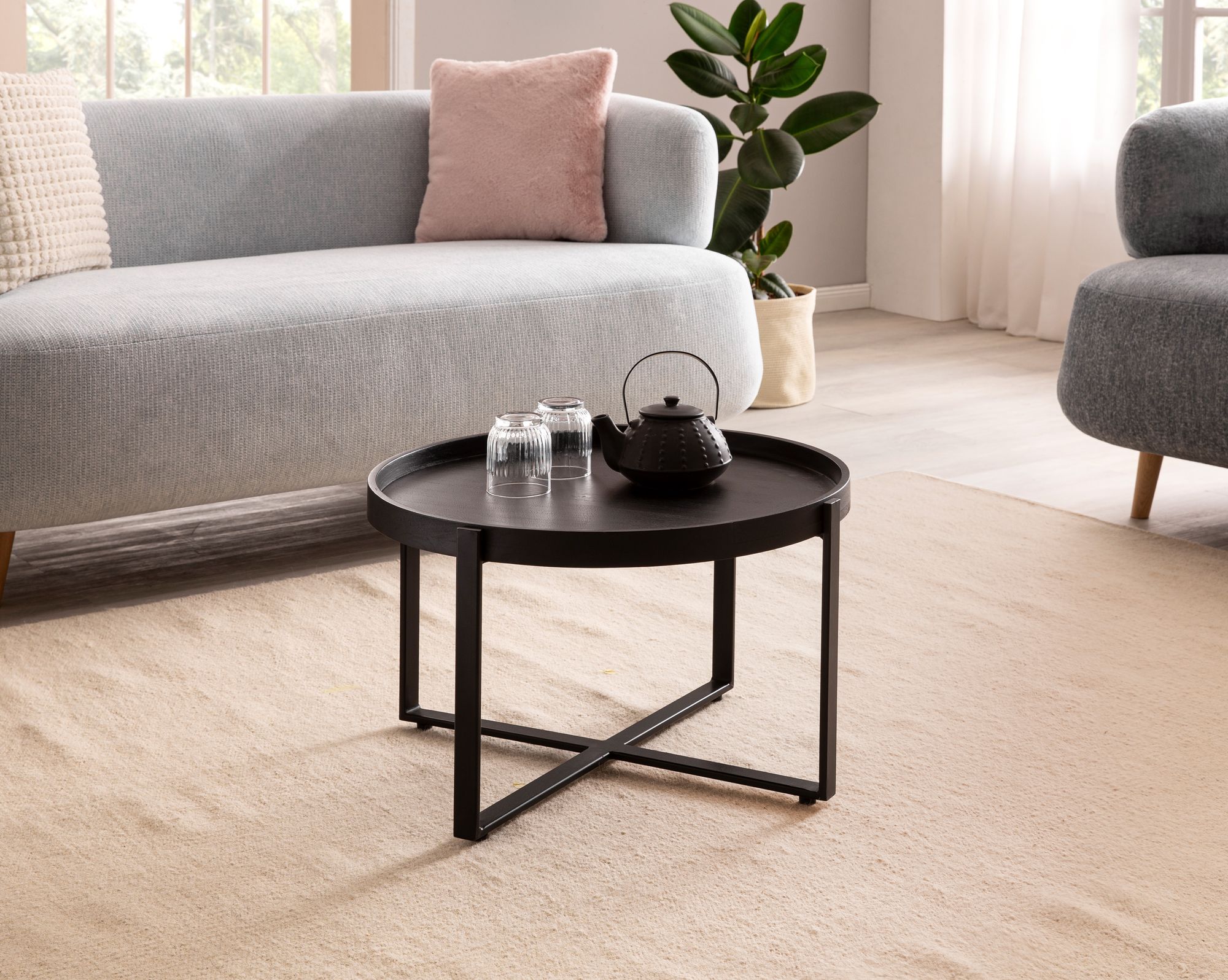 Couchtisch FineBuy Sofatisch Massivholz Schwarz 60x60x35 cm Wohnzimmertisch Rund