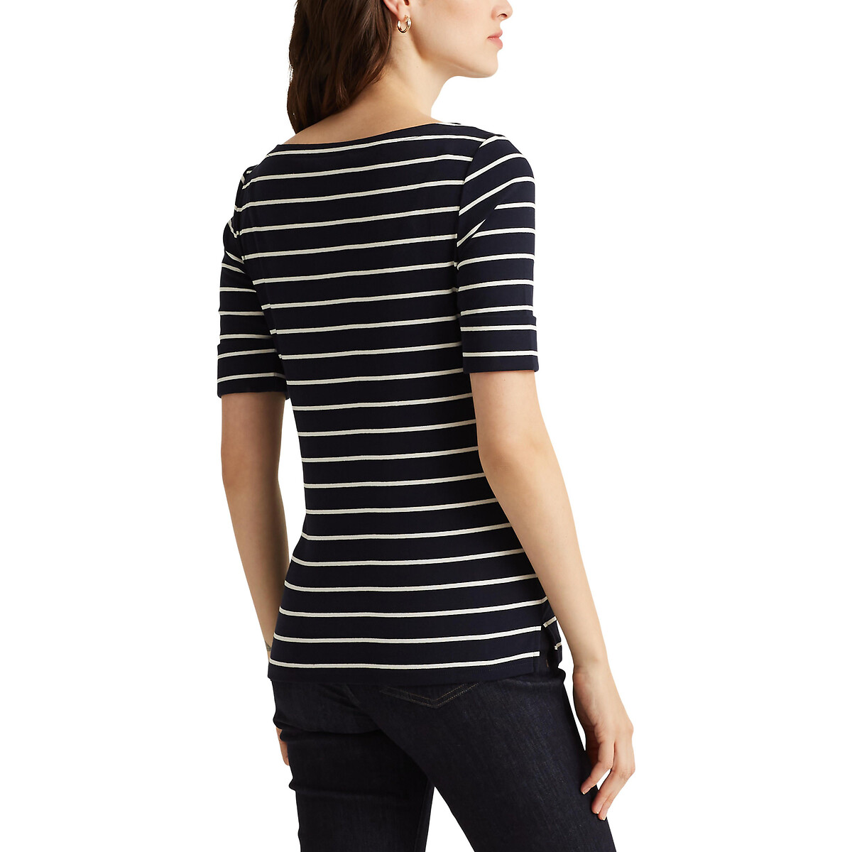 LAUREN RALPH LAUREN<br>Camiseta listrada com decote canoa e mangas curtas