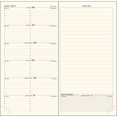 Agenda de poche Amélie Espace 17 - 1 semaine sur 1 page + 1 page de notes - 9 x 17,5 cm - disponible dans différentes couleurs - Exacompta