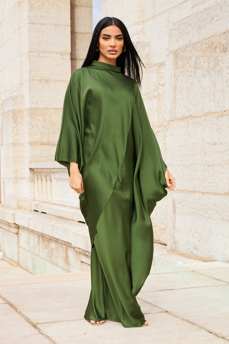 Ensemble 2 pièces tunique + jupe longue satiné kaki