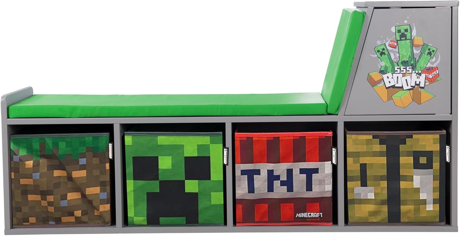 MINECRAFT - Sitzbank, Leseregal mit Sitzkissen und Stauraum