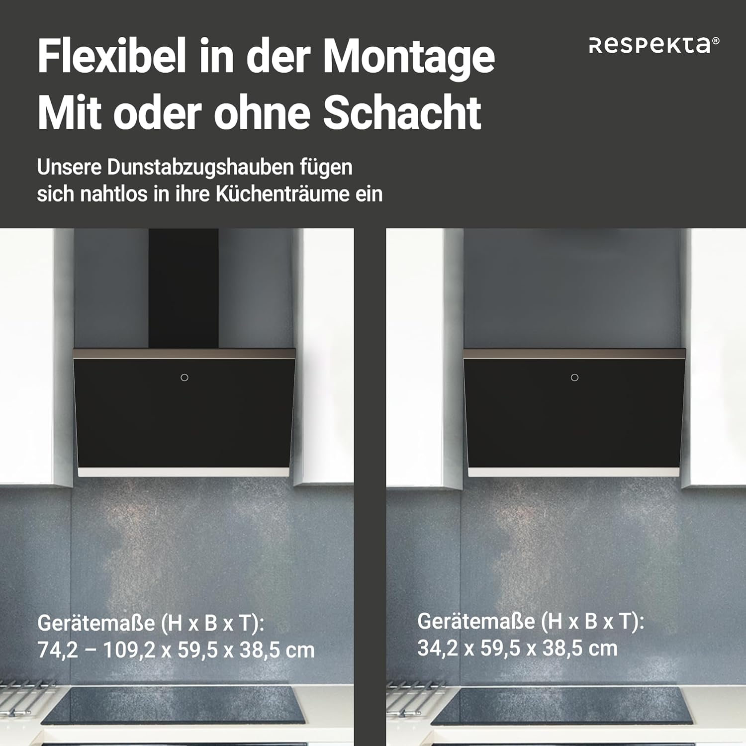 Respekta Dunstabzugshaube kopffrei / Dunstabzugshaube schräg 60 cm / Glasschirm mit Edelstahlrahmen in Schwarz / Abluft - und Umluftfunktion / CH89060S / A++ / 39–59 dB