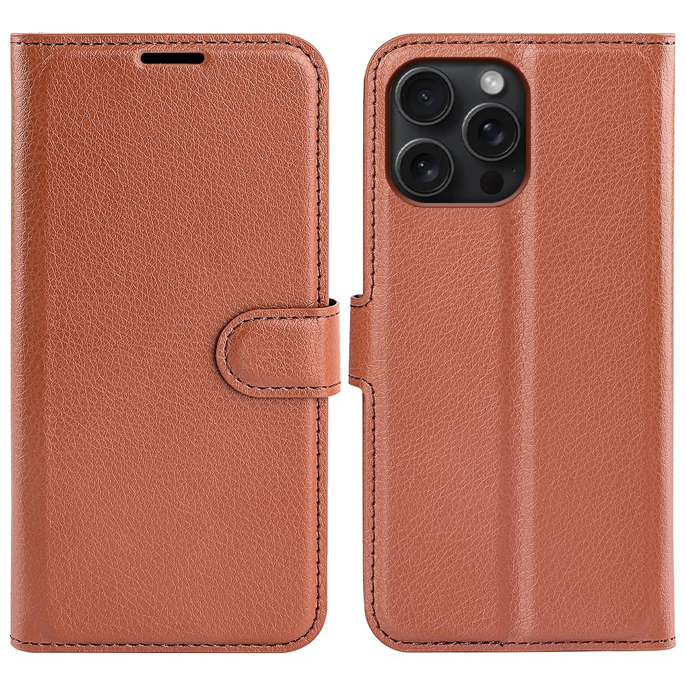 iPhone 16 Pro Max Leder Tasche Flip Cover Litchi Look - Braun