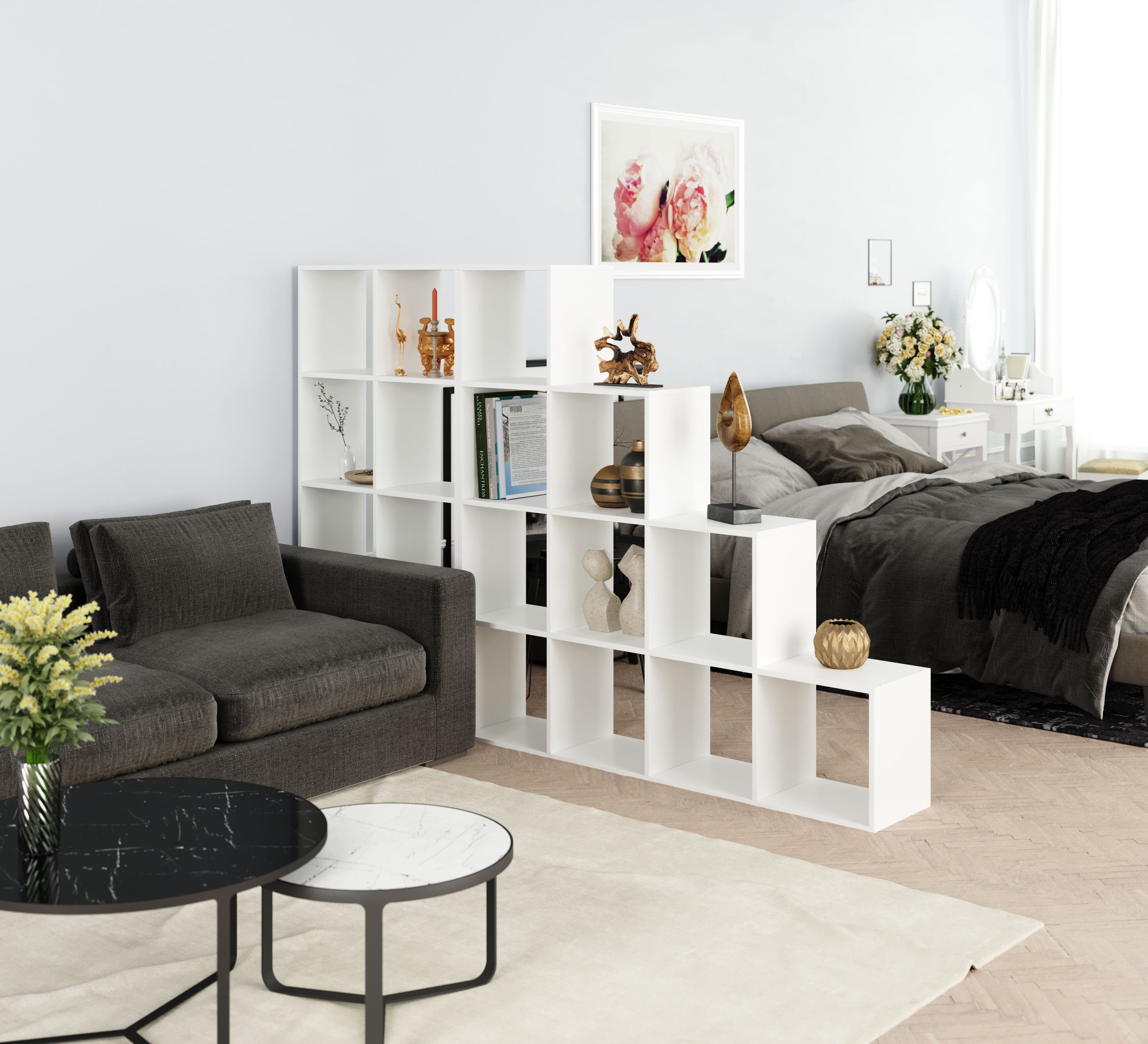 Bücherregal Raumteiler LIAM 8 Fächer 72 x 142 cm weiss