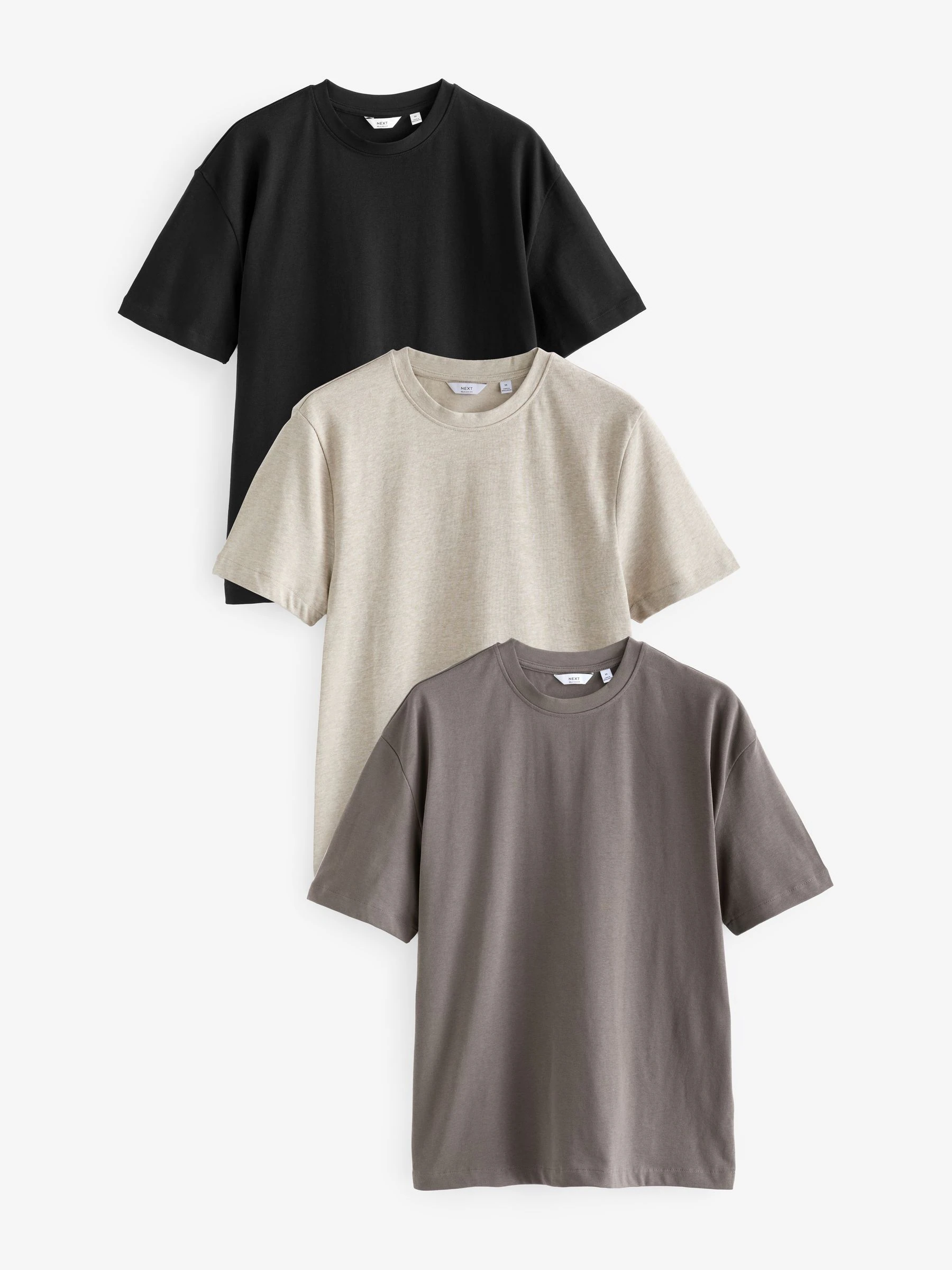 Zwart/Bruin/Licht Naturel - Relaxed fit - Verpakking van 3 T-shirts van zware stof