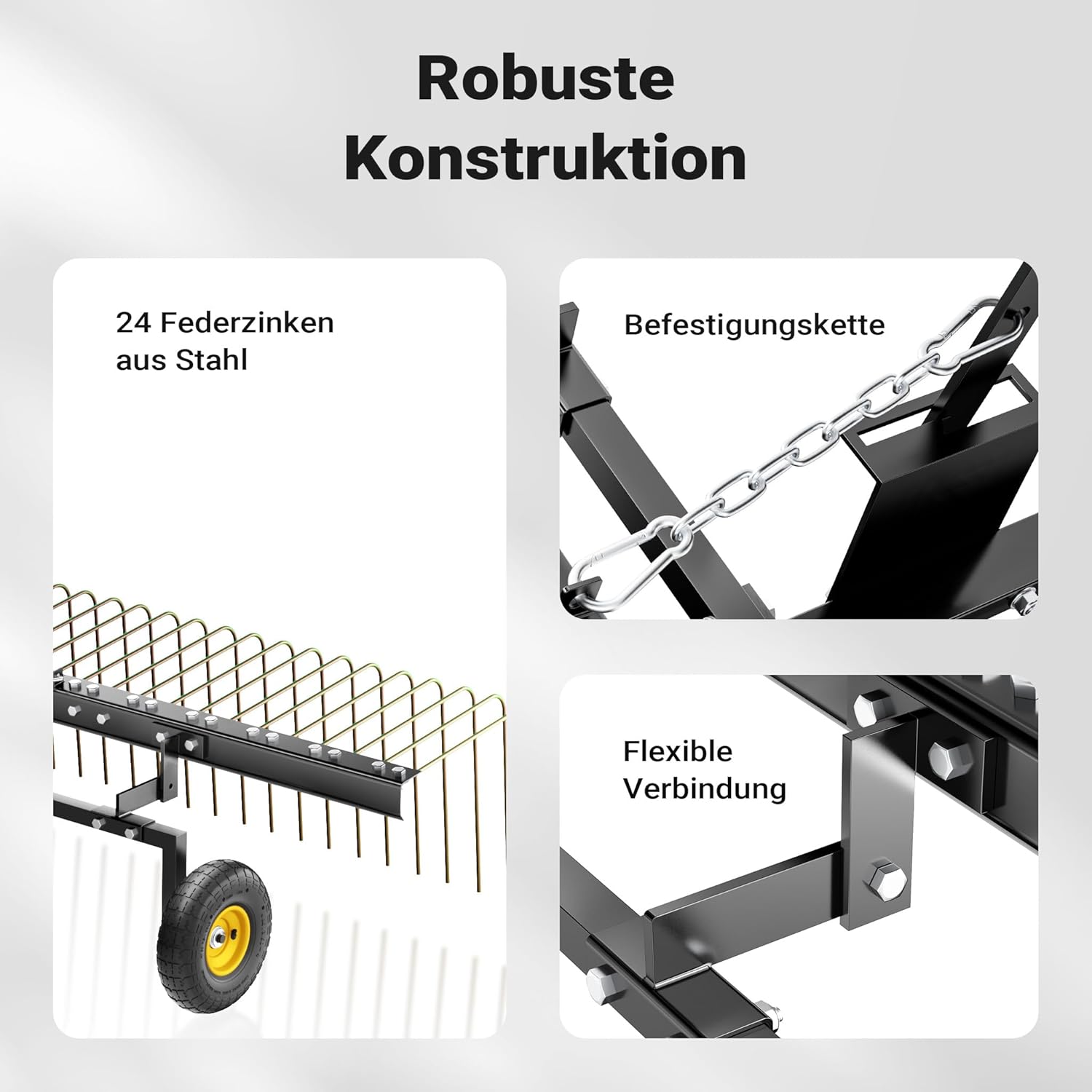 Wiltec Rasentraktor Rechen mit 148 cm Arbeitsbreite, Rasenlüfter zum Entmoosen und Laubrechen auf Rasen, Vertikutierer für Aufsitzmäher, ATV und UTV