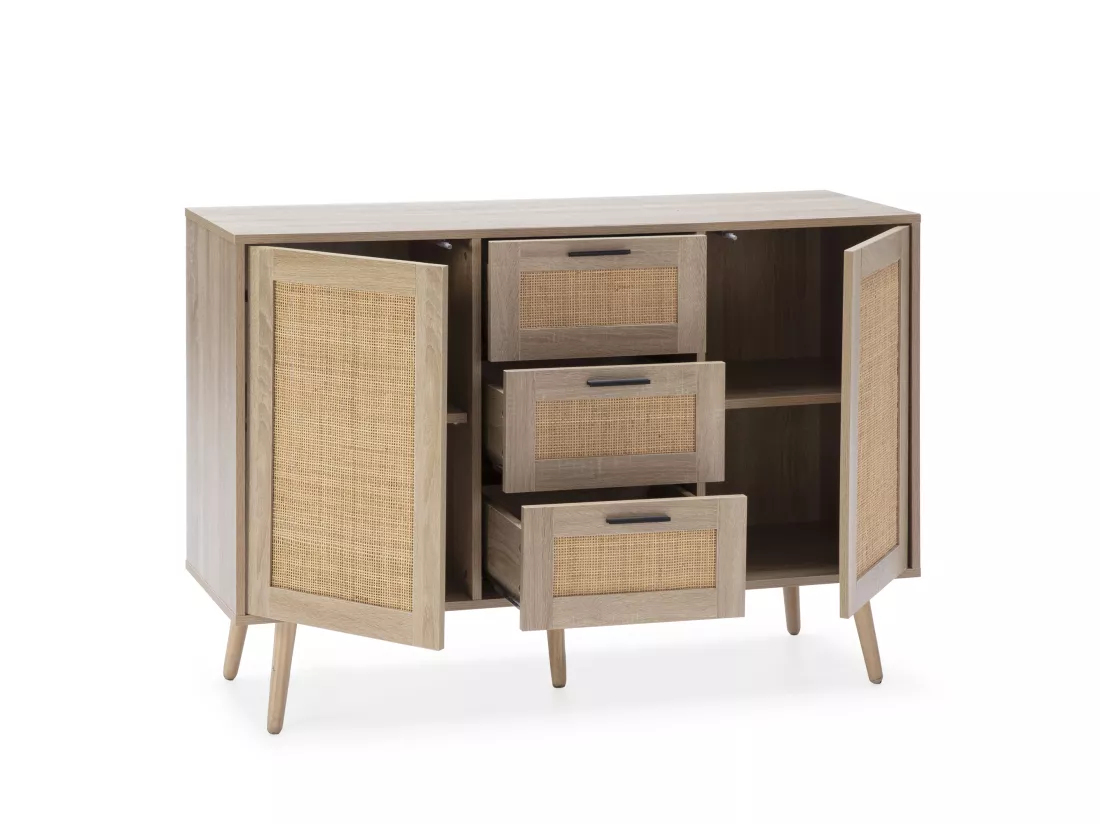 Buffet Dalia 3 tiroirs et 2 portes couleur chêne, 120 cm longueur