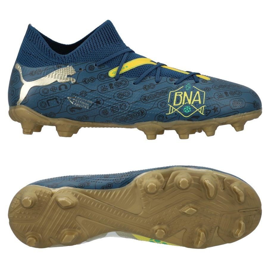 PUMA Future 7 Match FG/AG NJR BNA - Sailing Blue/Marine Blue/Jaune/Grassy Green/Doré Enfant ÉDITION LIMITÉE