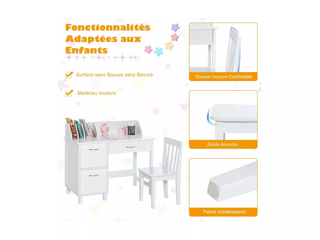 Bureau Enfants avec Chaise Ergonomique & Niches, Table d'Étude en Bois avec 2 Placards & Tiroir, Dispositif Anti-Basculement, Table Multifonctionnelle pour Dessiner Lire, 90x46x81cm, Blanc