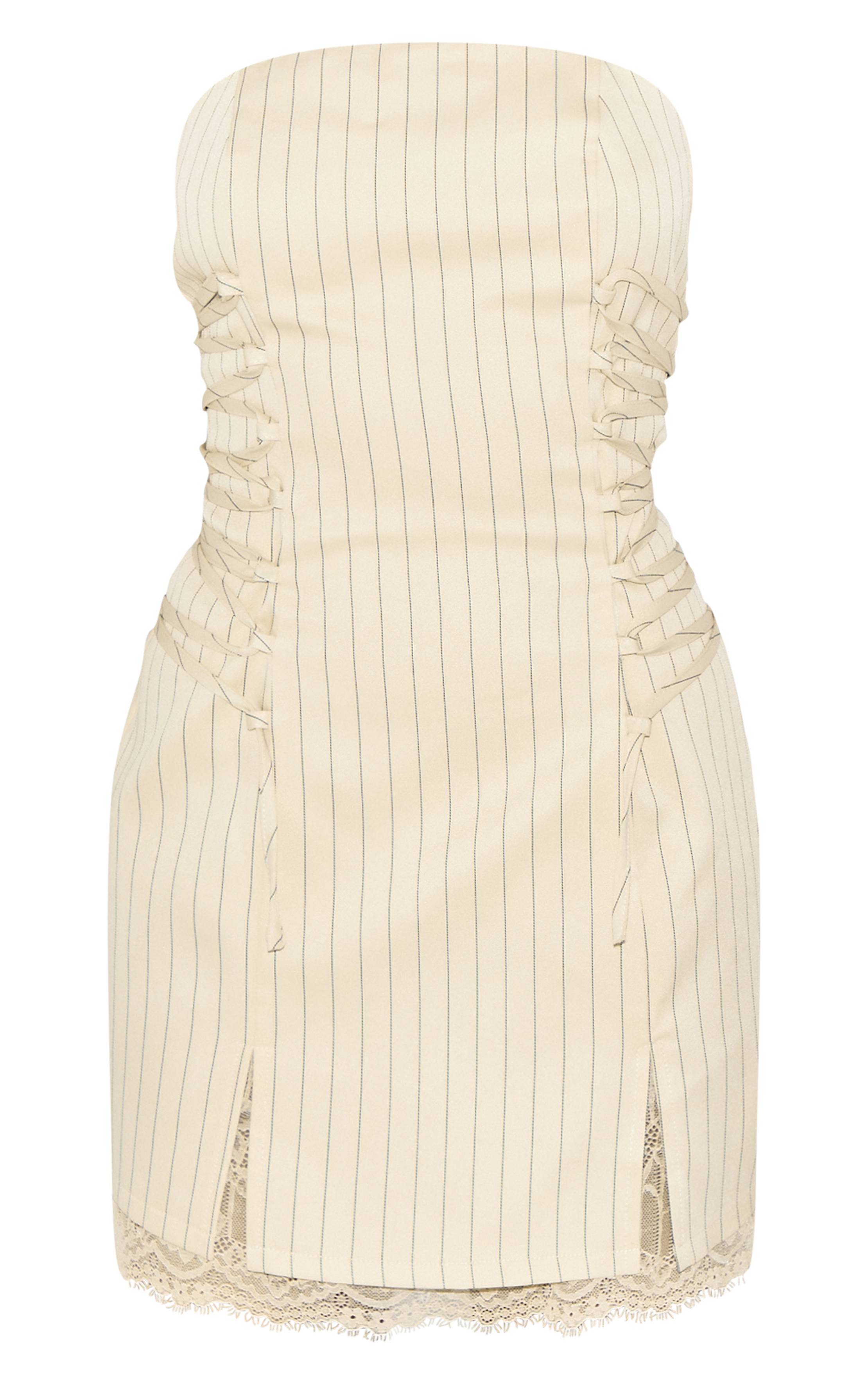 Crème Robe Droite À Rayures Fines Bandeau Avec Bordure En Dentelle
