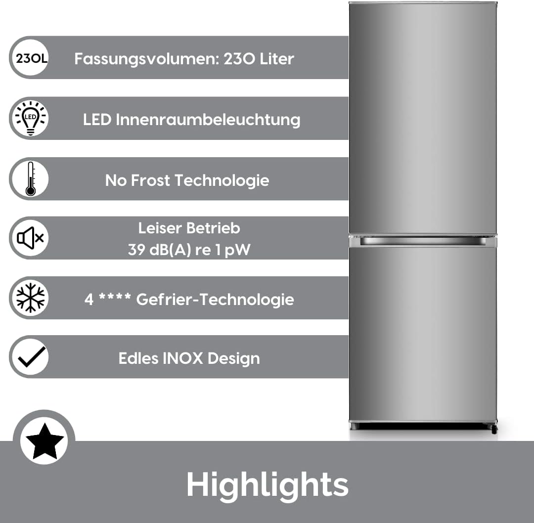PKM KG225.4A+++ IX Kühl-Gefrierkombination | Inox Design | 162x56cm | 159 Liter Kühlen | 71 Liter Gefrieren | 39 dB | LED-Beleuchtung | 168kWh
