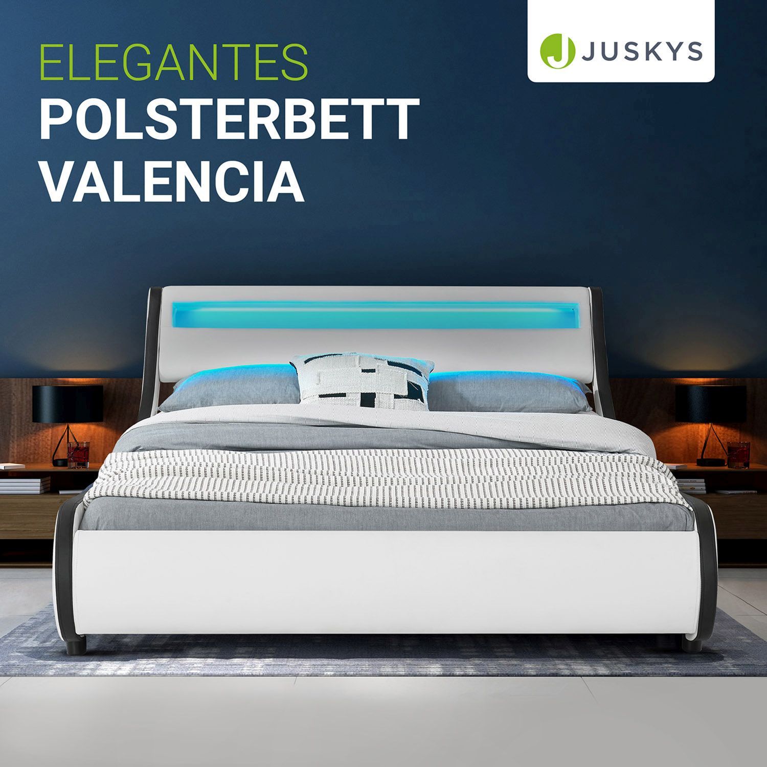Juskys Polsterbett Bett Valencia 180 x 200 cm weiß mit Kaltschaummatratze Doppelbett mit LED