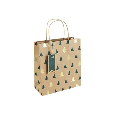 Clairefontaine - Sac cadeau kraft - sapins vert et or - 21,5 cm x 10,2 cm x 25,3 cm