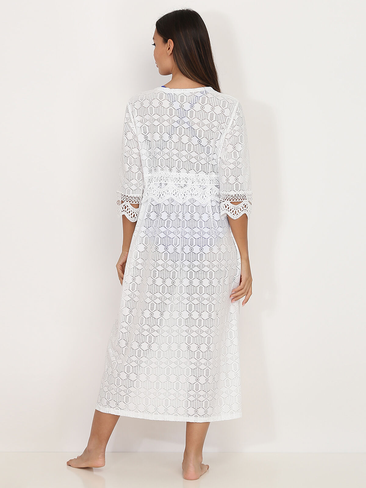 Kimono long à motifs ajourés- Blanc