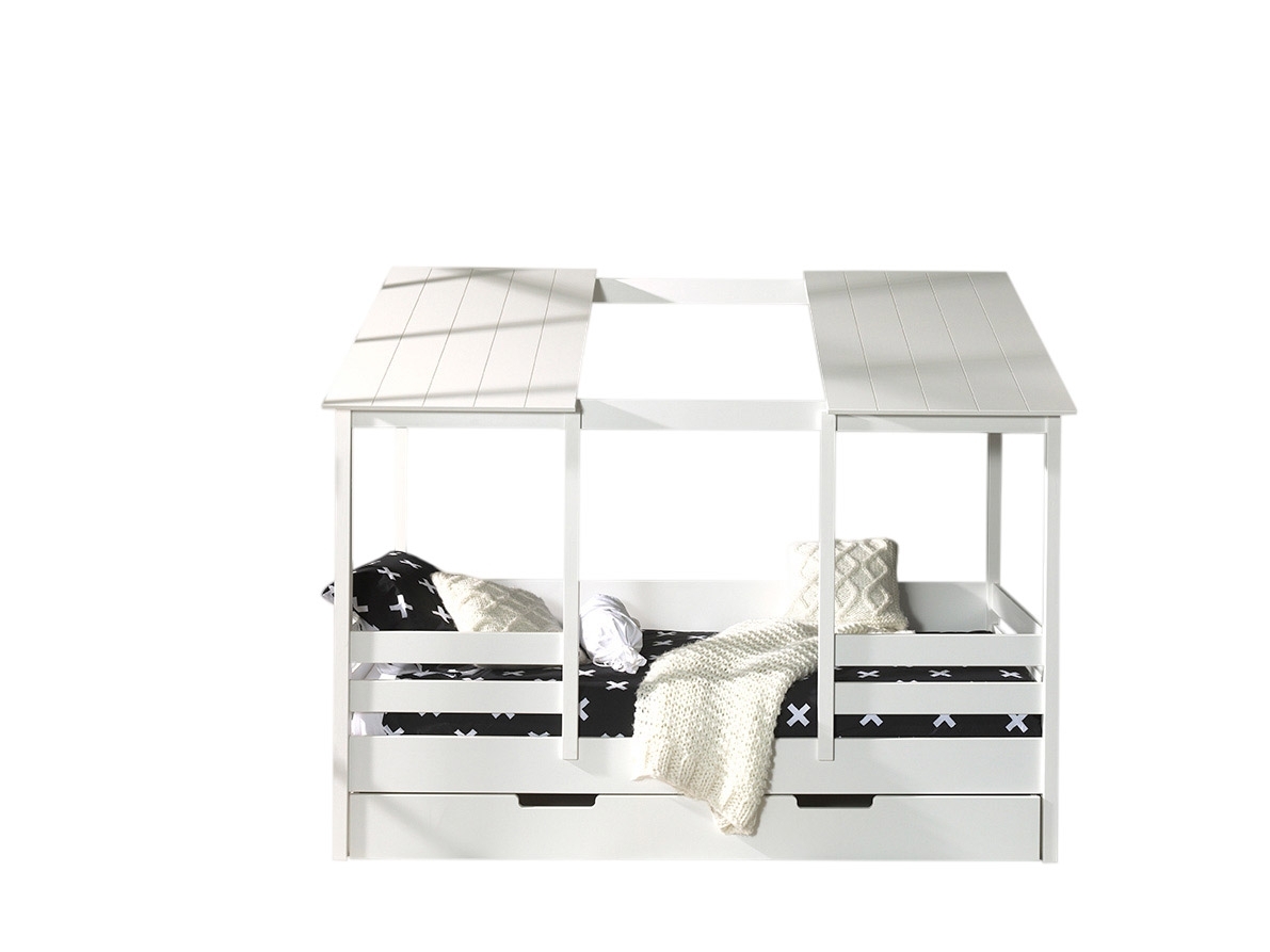 Hausbett - weiß - Bettschublade - offenes Dach - 90x200 cm