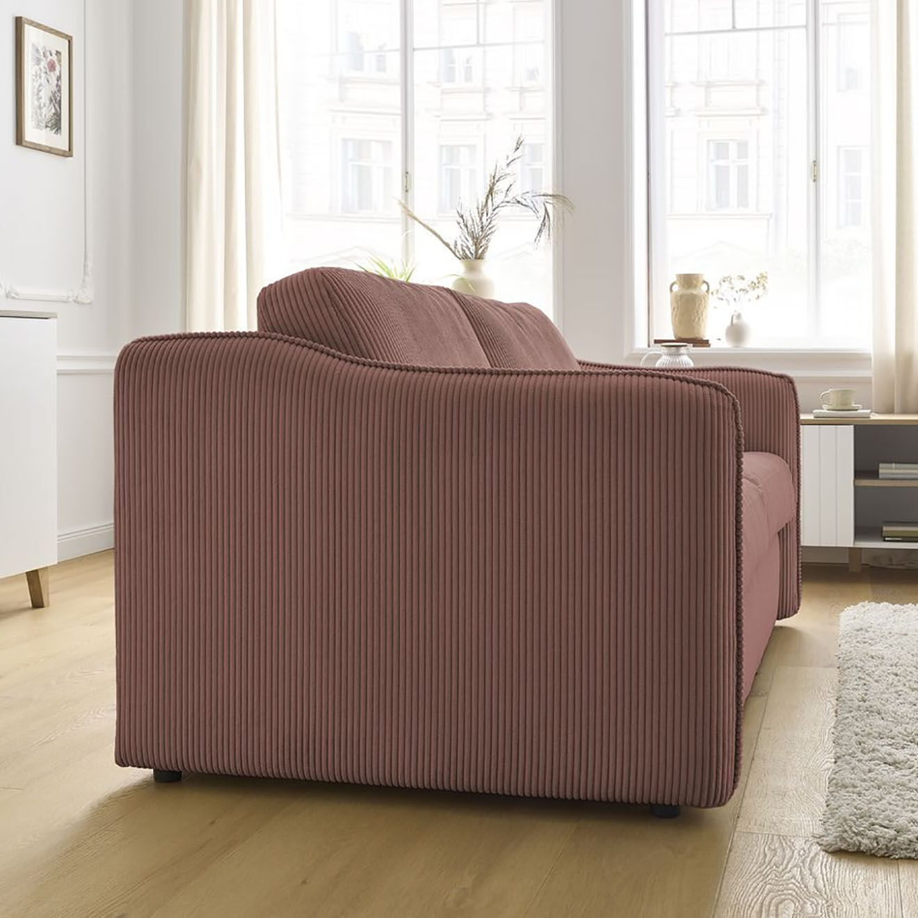 Bobochic Canapé droit convertible express en Velours côtelé 3 places Lenny rose - 178x102x89 cm