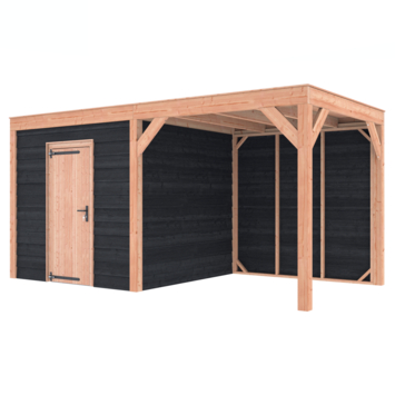 Tuinhuis met overkapping Douglas hout Zweeds rabat onbehandeld zwart 495 x 255 cm