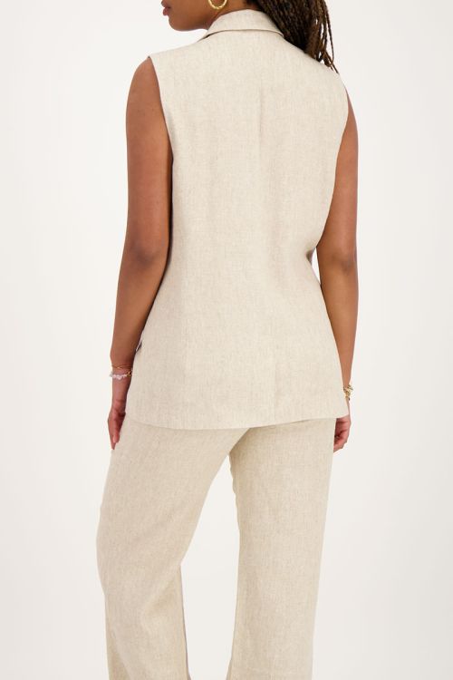 Beige linnen look gilet met dubbele knoopsluiting