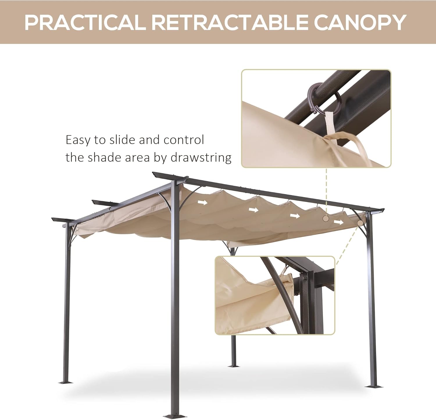 Outsunny Versenkbare Pergola 4 x 4 m Metallstruktur Epoxydharz Korrosionsschutz schwarz + Polyestergewebe mit hoher Dichte 180 g/m² inkl. Beige