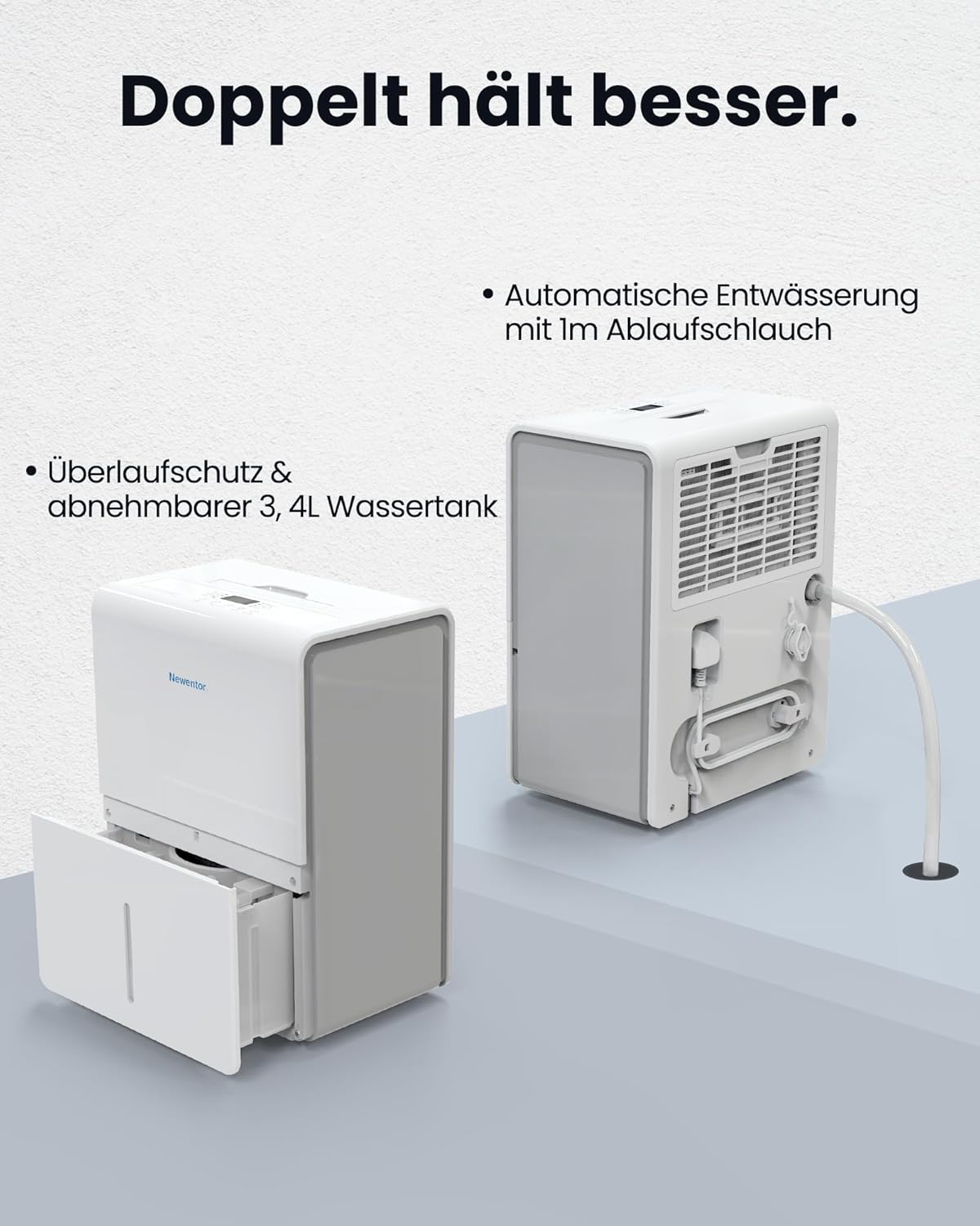 Newentor Luftentfeuchter 25L/24h, Für 215m³/80m² Räume - 3 fache Geräuschreduktion - Stromsparender Chip - Einfache Bedienung - 10 J. Gar. - Mit 1M Ablaufschlauch&Abnehmbarem Filter, Timer