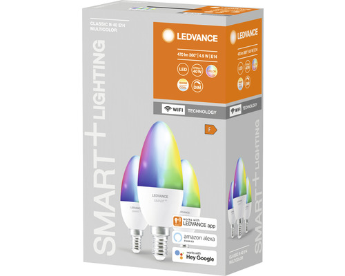 Ledvance Smart WIFI LED kaarslampen, dimbaar, B40 E14/5W (40W), mat, 470 lm, 2700-6500 K, RGBW, 3-pack