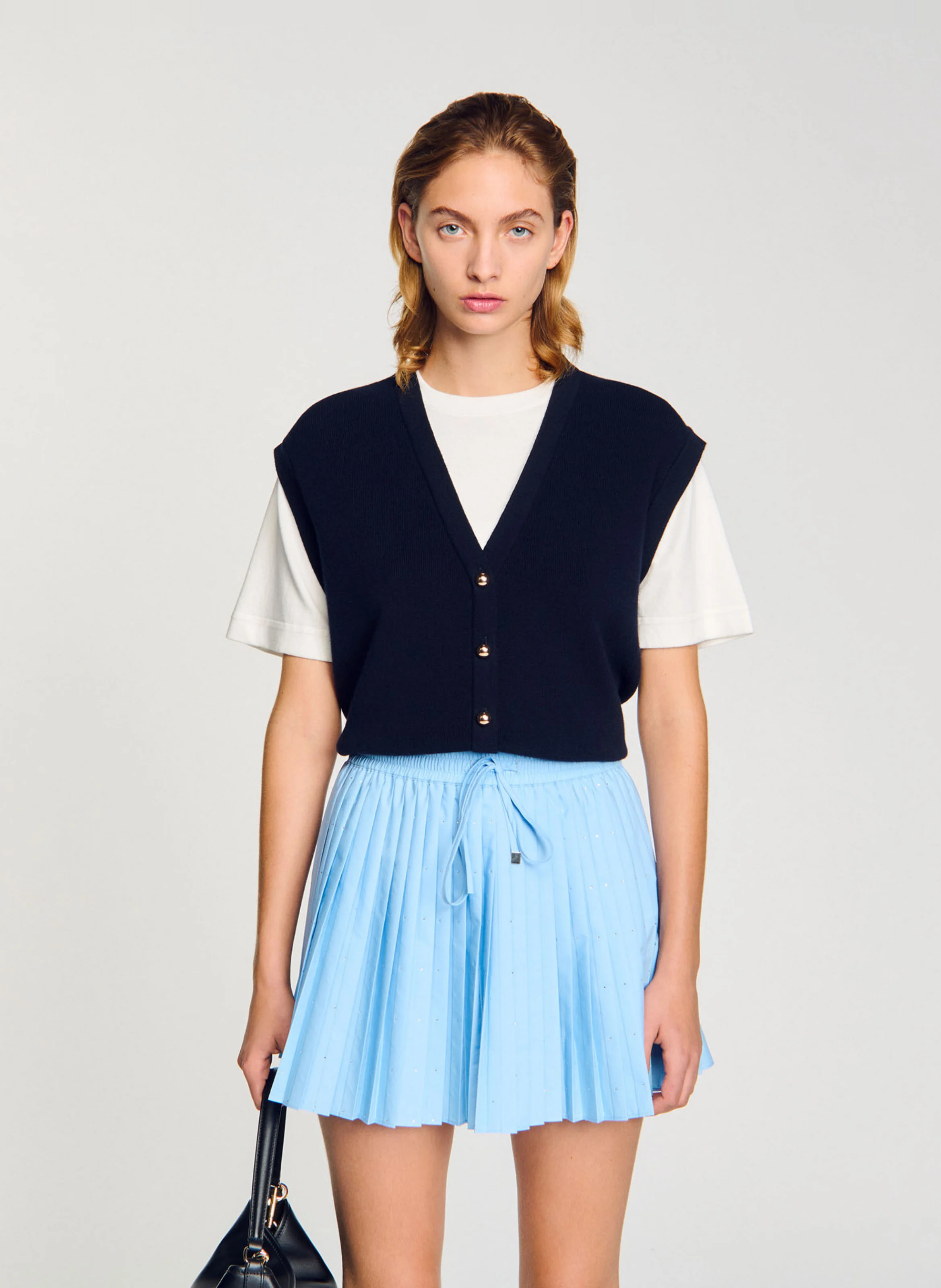 Pull bicolore court en laine mélangée | Bleu