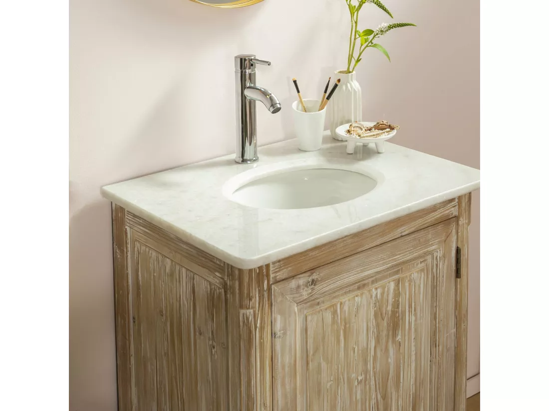 Meuble sous vasque en pin recyclé blanchi et marbre blanc Gemma