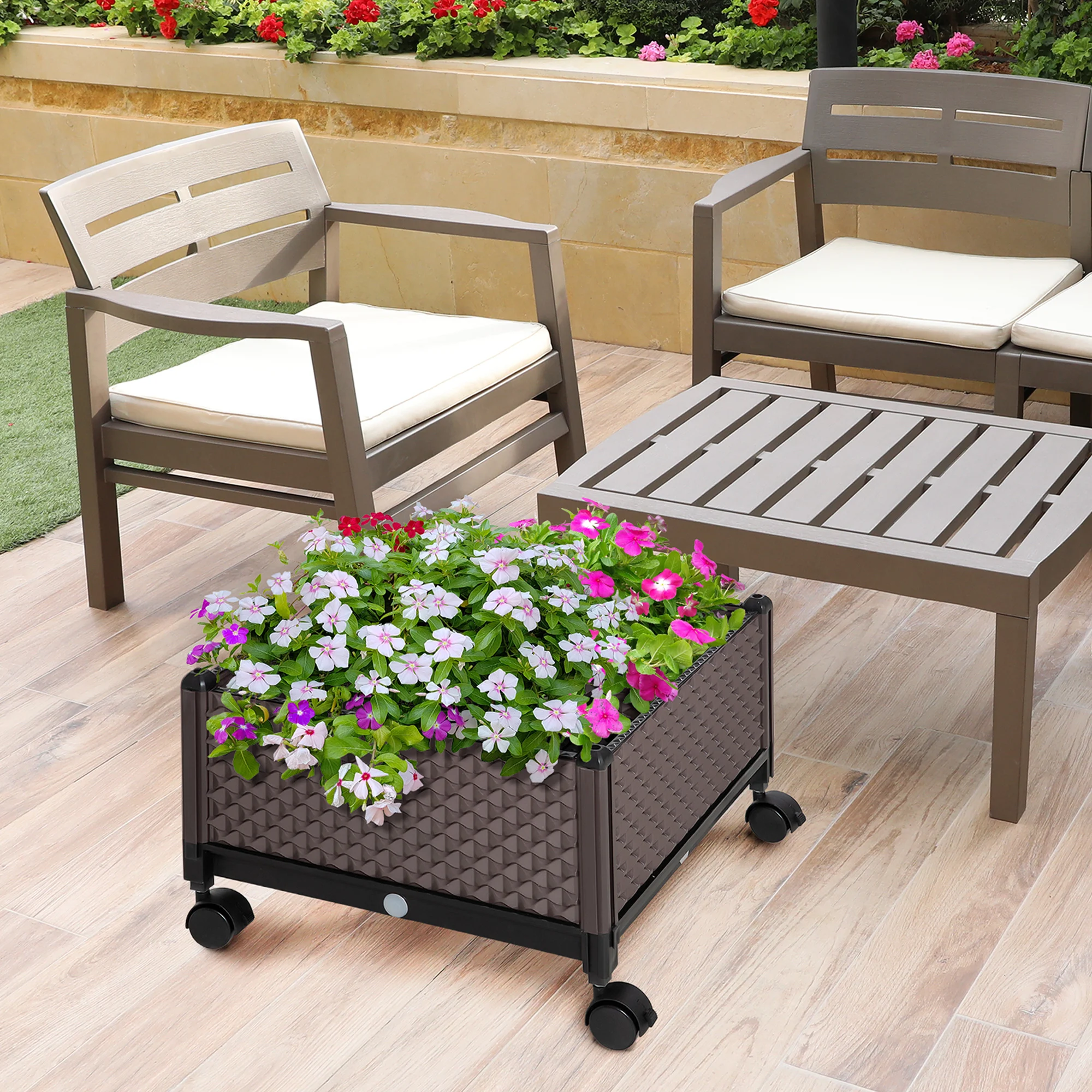 Vaso de plástico Outsunny com rodas, vaso de flores com furos de drenagem para cultivo de plantas ao ar livre, pátio, terraço, 50x50x33 cm, marrom