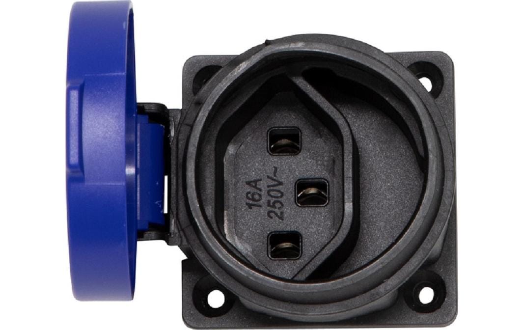 Einbausteckdose T23 IP55 Blau / SchwarzIP55, T23 Einbaudose mit Klappdeckel, 230 V, 16A