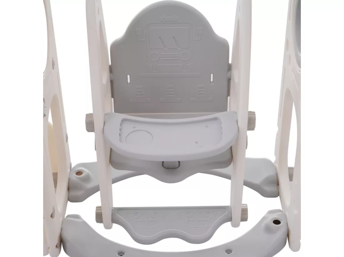 Toboggan 7 en 1 pour enfant, avec balançoire, plate-forme, zone de rangement, arcade, panier de basket, escalier, PEHD, gris+blanc