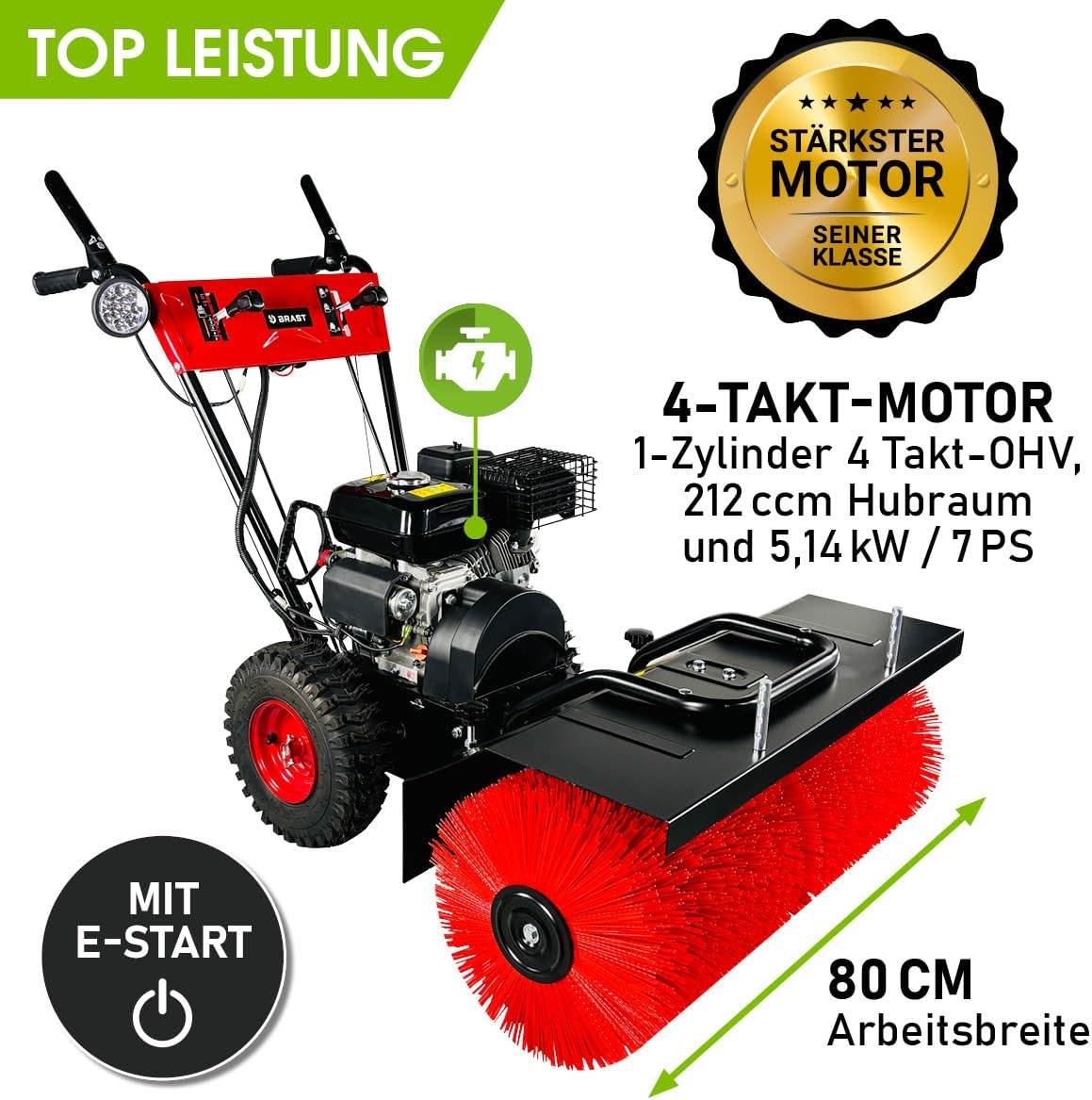 BRAST Kehrmaschine Benzin | Laubsammler Schneeschieber | 4,8kW(6,5PS) - 5,14kW(7PS) | viele Modelle | 80-100cm Arbeitsbreite | Elektrostart | Schnellwechsel-System | Schneeräumer | 3in1 Gerät