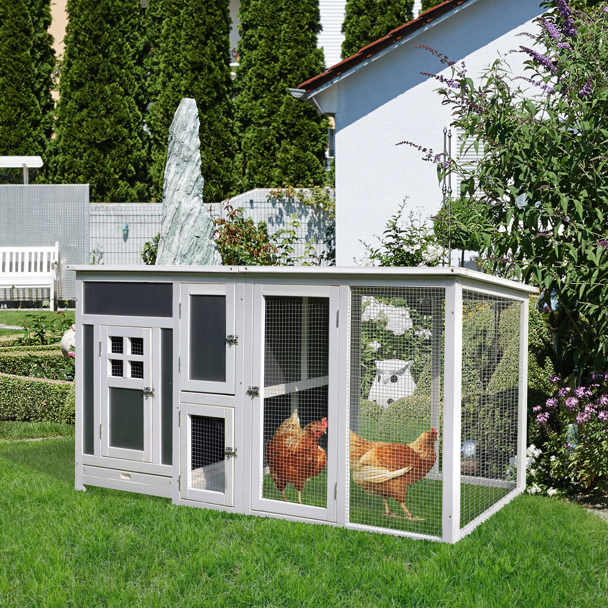 PawHut Hühnerstall für 2-4 Hühner grau, weiß 160 x 75 x 80 cm (BxTxH)