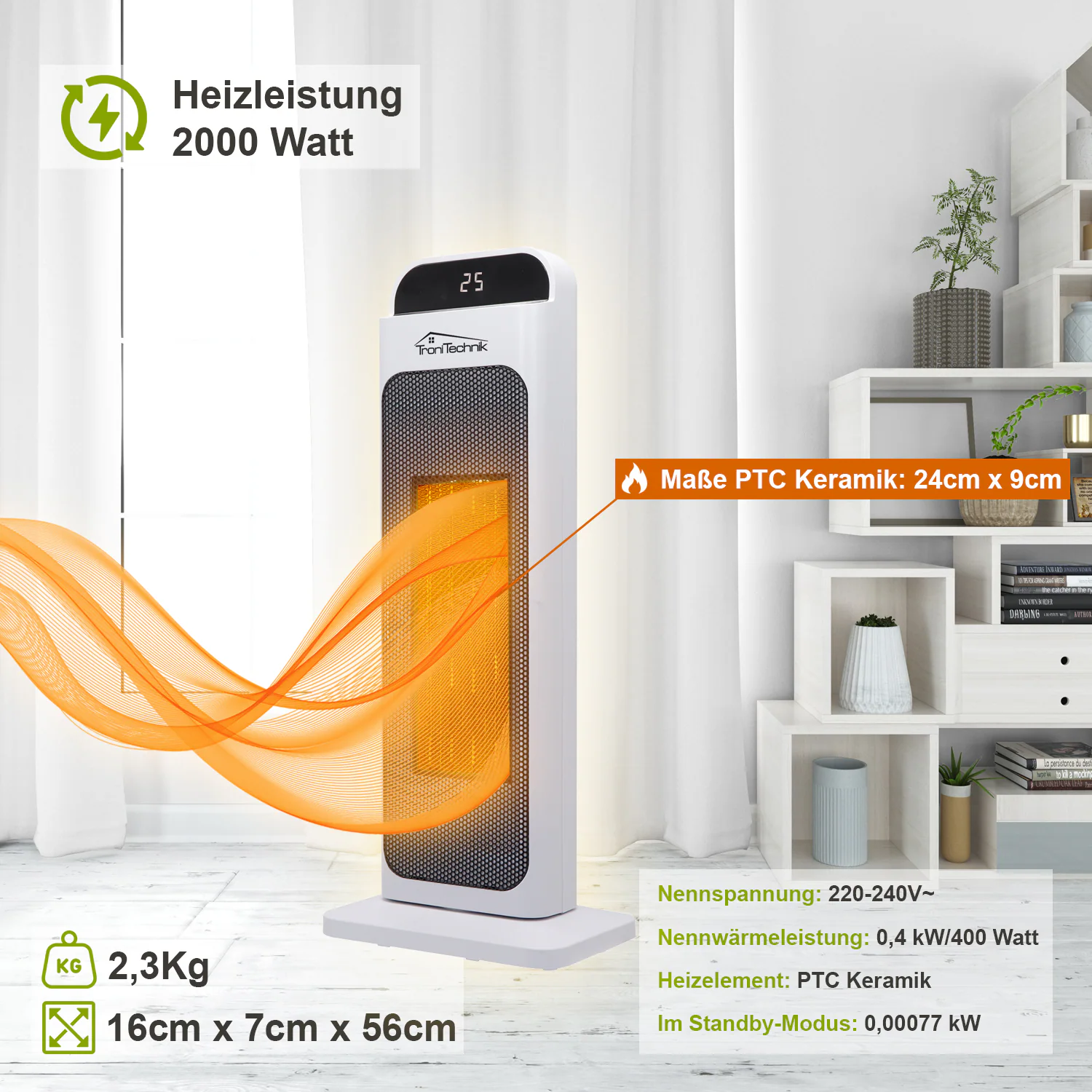 TroniTechnik® Turm-Keramik-Heizer 2000 Watt WIFI / APP, Heizlüfter, Fernbedienung, Oszillation, Timer, Kippsicherung, LCD