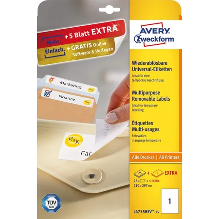 Avery Zweckform L4735REV-25 Universal-Etiketten,A4 210 x 297 mm, 30 Bogen/30 Etiketten, weiß